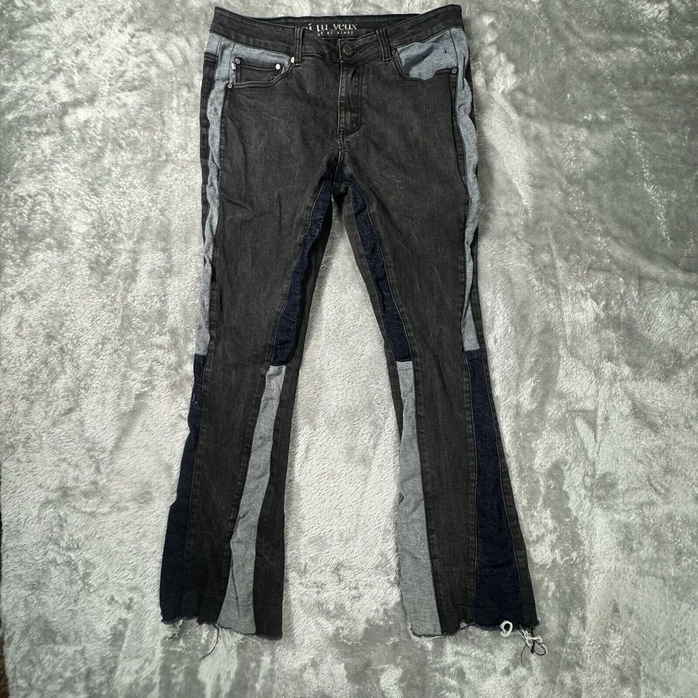Si Tu Veux Jeans Mens 34 Patchwork Blue Flare Raw Hem Rocker Festival Grunge